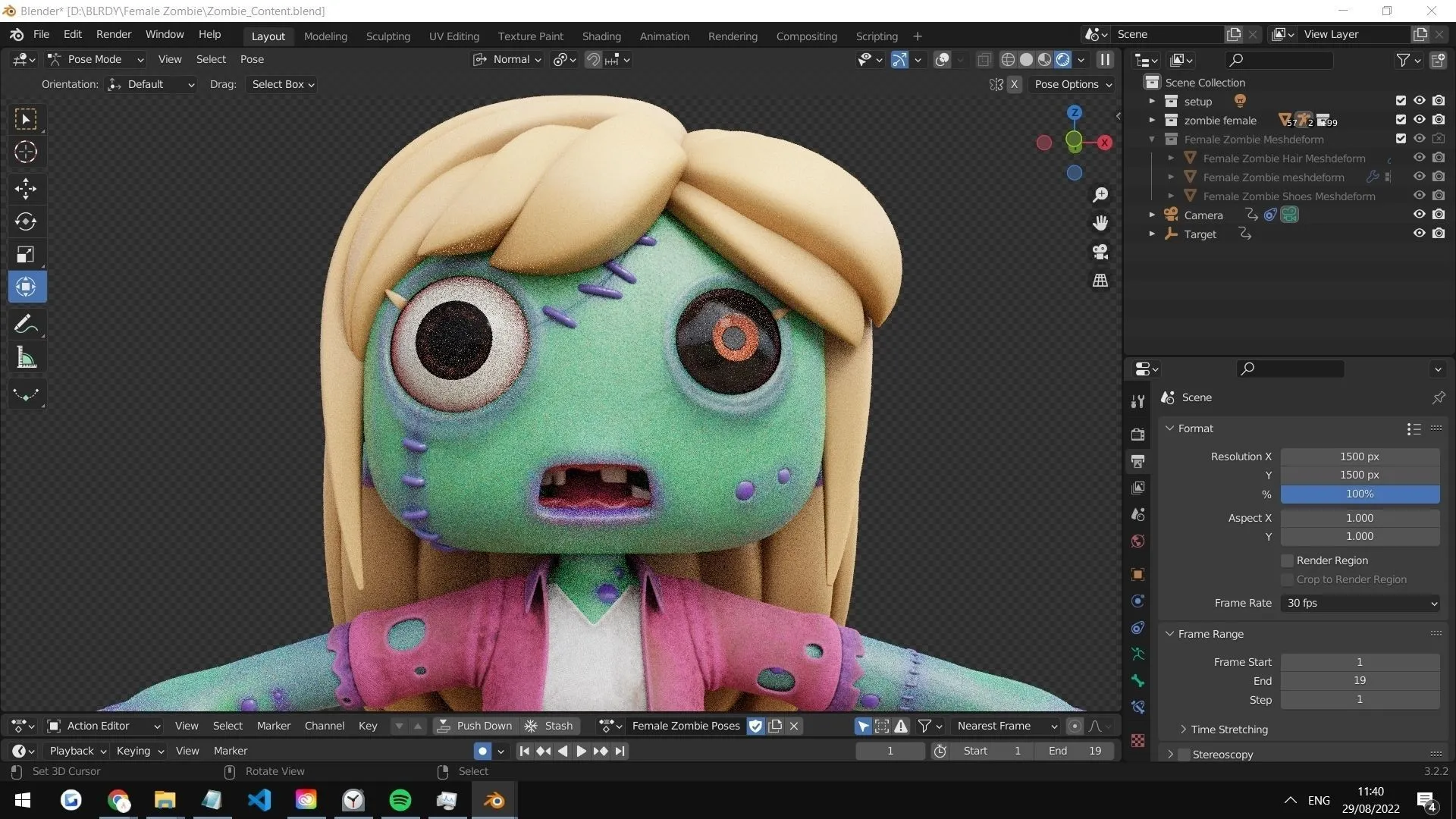 Cartoon Female Zombie 3D character showcase